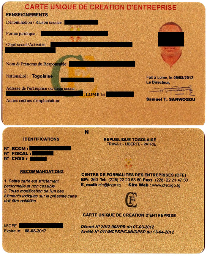 Carte Unique de Création d'Entreprise togolaise (recto et verso) délivrée par le CFE