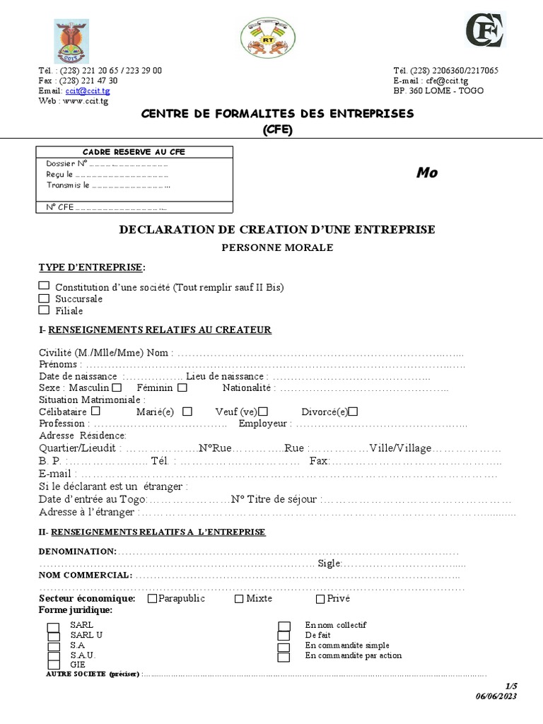 Formulaire officiel de déclaration de création d'entreprise (CFE) — personne morale au Togo