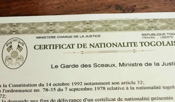 Certificat de nationalité togolaise délivré par le Ministère de la Justice